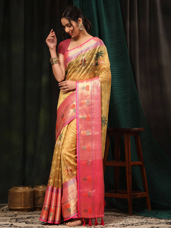 Mustard Art Silk Digital Print Floral Saree with Unstitched Blouse - Hiral Fashion - Distacart