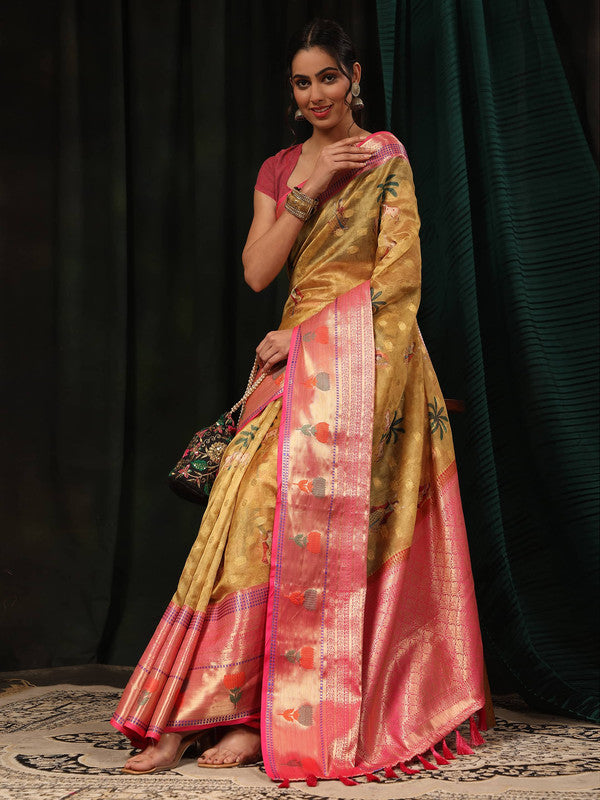 Mustard Art Silk Digital Print Floral Saree with Unstitched Blouse - Hiral Fashion - Distacart