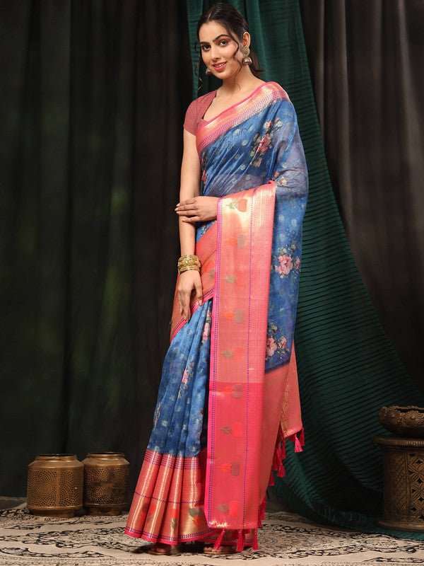 Navy Blue Art Silk Digital Print Floral Saree with Unstitched Blouse - Hiral Fashion - Distacart