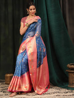 Thumbnail for Navy Blue Art Silk Digital Print Floral Saree with Unstitched Blouse - Hiral Fashion - Distacart