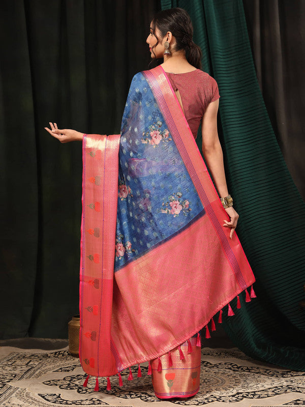 Navy Blue Art Silk Digital Print Floral Saree with Unstitched Blouse - Hiral Fashion - Distacart