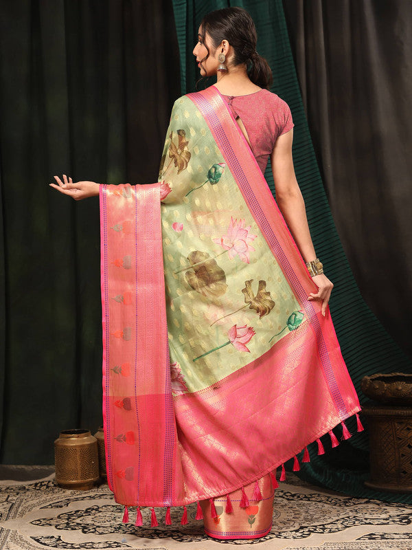 Green Art Silk Digital Print Floral Saree with Unstitched Blouse - Hiral Fashion - Distacart