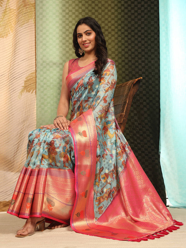 Sky Blue Art Silk Digital Print Floral Saree with Unstitched Blouse - Hiral Fashion - Distacart