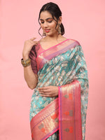 Thumbnail for Turquoise Art Silk Digital Print Floral Saree with Unstitched Blouse - Hiral Fashion - Distacart