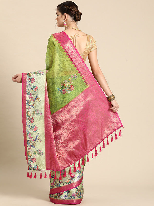 Green Kanjeevaram Silk Digital Print Floral Saree with Unstitched Blouse - Hiral Fashion - Distacart
