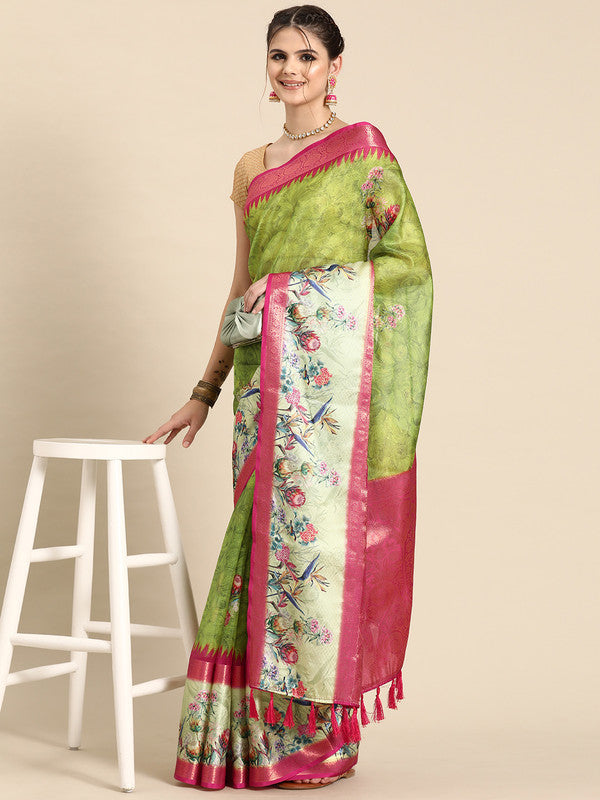 Green Kanjeevaram Silk Digital Print Floral Saree with Unstitched Blouse - Hiral Fashion - Distacart