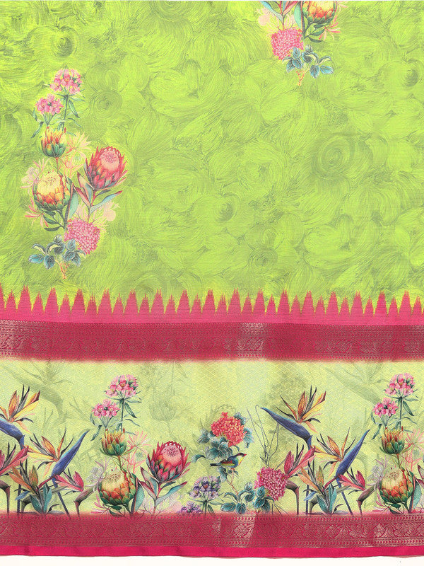 Green Kanjeevaram Silk Digital Print Floral Saree with Unstitched Blouse - Hiral Fashion - Distacart