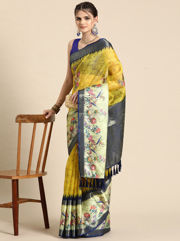 Mustard Kanjeevaram Silk Digital Print Floral Saree with Unstitched Blouse - Hiral Fashion - Distacart