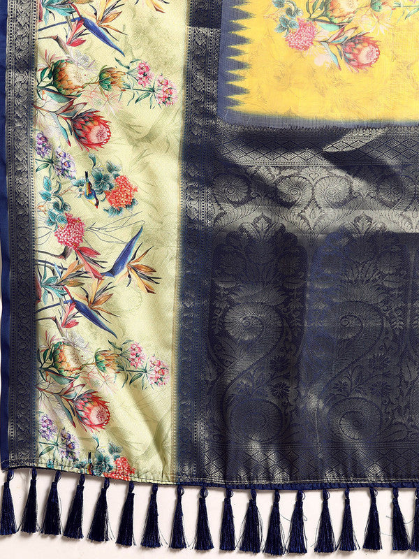 Mustard Kanjeevaram Silk Digital Print Floral Saree with Unstitched Blouse - Hiral Fashion - Distacart
