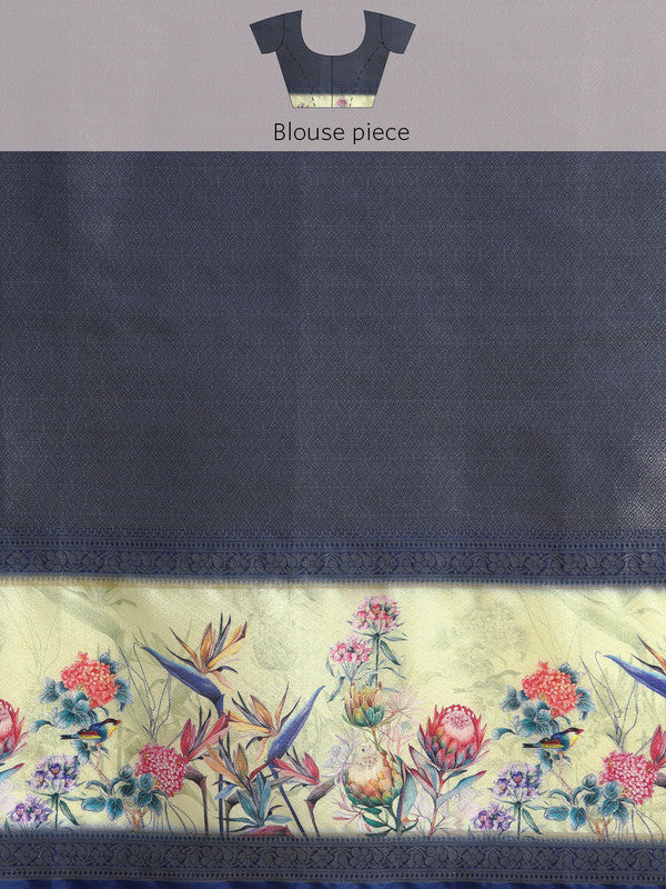 Mustard Kanjeevaram Silk Digital Print Floral Saree with Unstitched Blouse - Hiral Fashion - Distacart