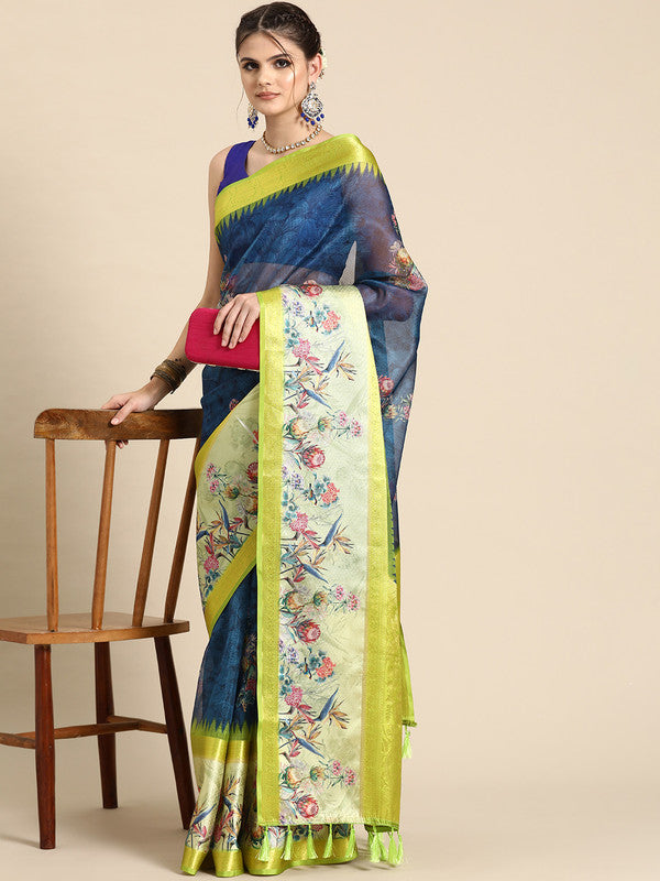 Navy Blue Kanjeevaram Silk Digital Print Floral Saree with Unstitched Blouse - Hiral Fashion - Distacart