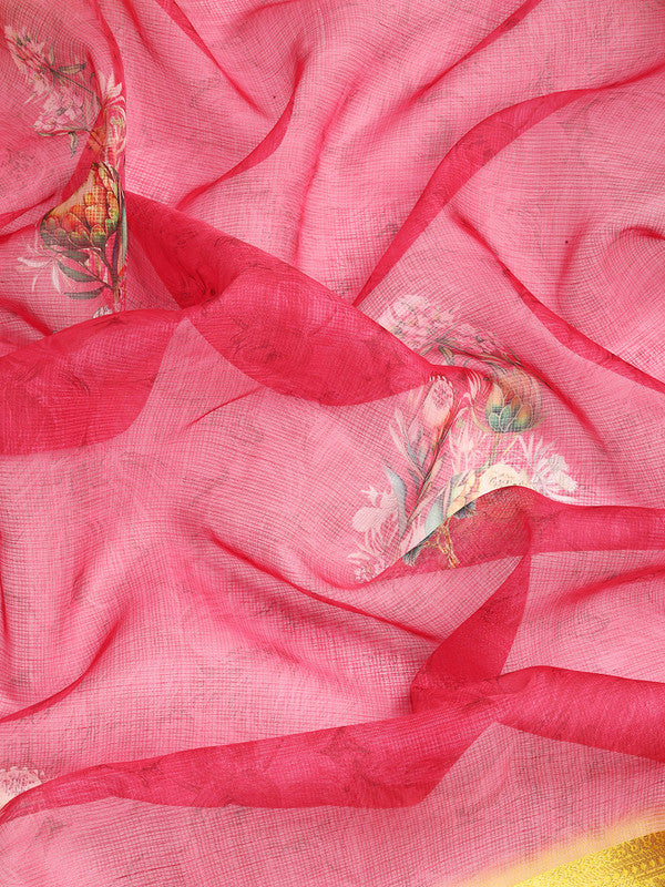 Red Kanjeevaram Silk Digital Print Floral Saree with Unstitched Blouse - Hiral Fashion - Distacart