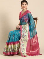Thumbnail for Turquoise Kanjeevaram Silk Digital Print Floral Saree with Unstitched Blouse - Hiral Fashion - Distacart