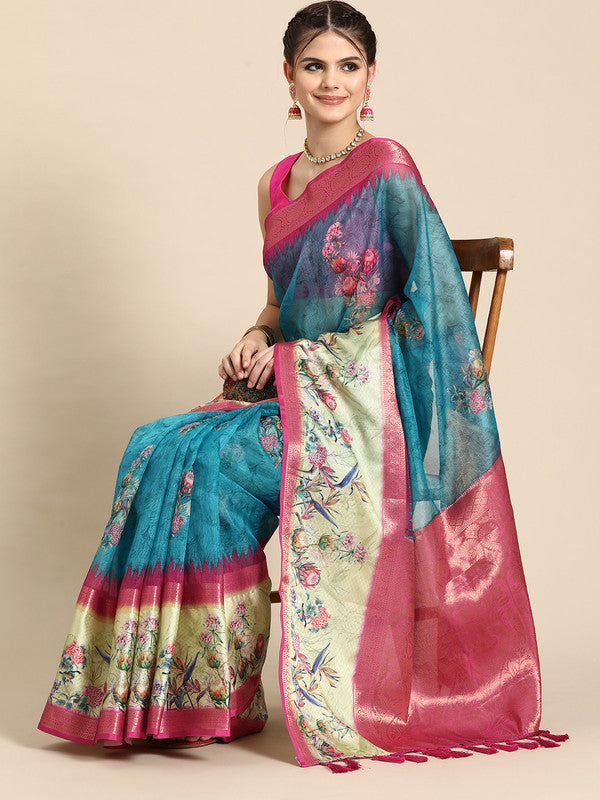 Turquoise Kanjeevaram Silk Digital Print Floral Saree with Unstitched Blouse - Hiral Fashion - Distacart