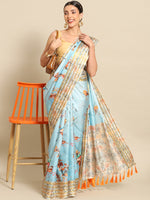 Thumbnail for Blue Art Silk Printed Floral Saree with Unstitched Blouse - Hiral Fashion - Distacart