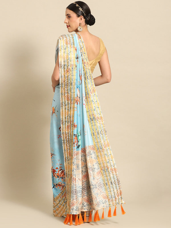Blue Art Silk Printed Floral Saree with Unstitched Blouse - Hiral Fashion - Distacart