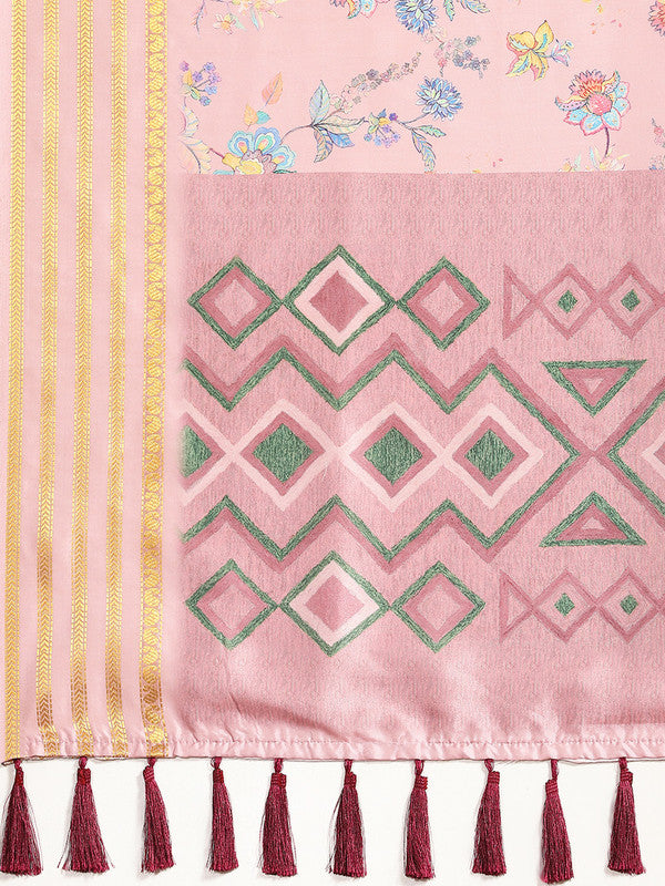 Pink Art Silk Printed Floral Saree with Unstitched Blouse - Hiral Fashion - Distacart