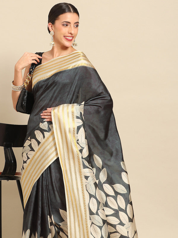 Black Art Silk Printed Floral Saree with Unstitched Blouse - Hiral Fashion - Distacart