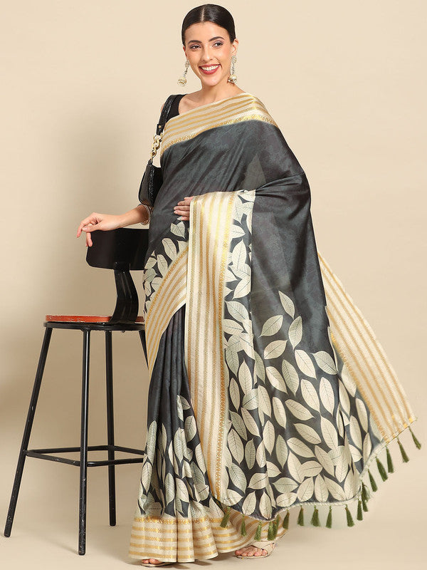 Black Art Silk Printed Floral Saree with Unstitched Blouse - Hiral Fashion - Distacart