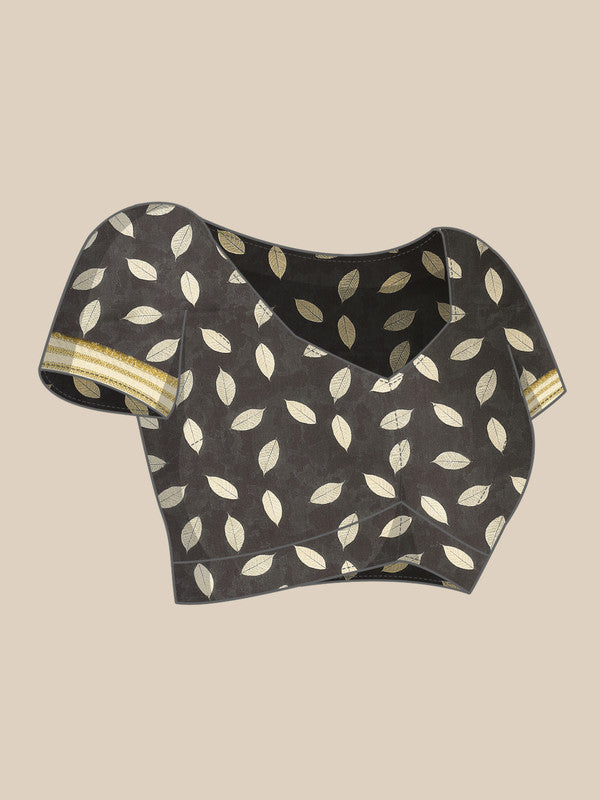 Black Art Silk Printed Floral Saree with Unstitched Blouse - Hiral Fashion - Distacart