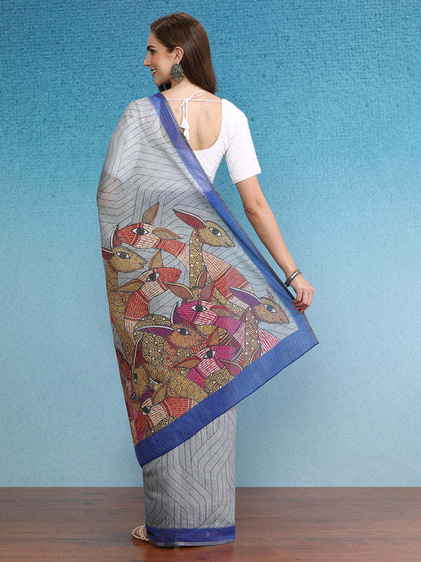 Gray Silk Cotton Digital Print Striped Saree with Unstitched Blouse - Hiral Fashion - Distacart