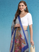 Thumbnail for Gray Silk Cotton Digital Print Striped Saree with Unstitched Blouse - Hiral Fashion - Distacart