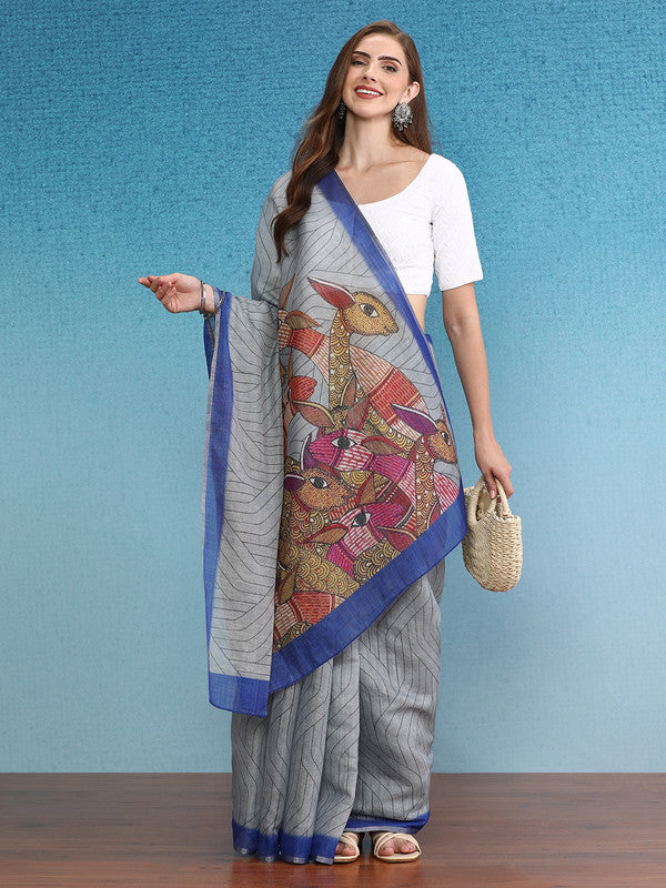 Gray Silk Cotton Digital Print Striped Saree with Unstitched Blouse - Hiral Fashion - Distacart