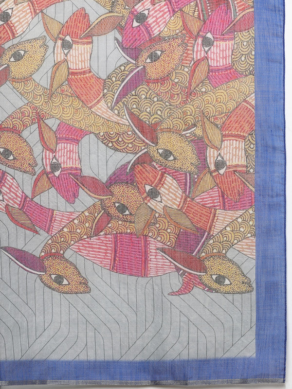 Gray Silk Cotton Digital Print Striped Saree with Unstitched Blouse - Hiral Fashion - Distacart