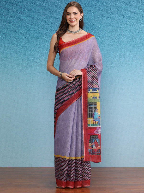 Lavender Silk Cotton Digital Print Solid Saree with Unstitched Blouse - Hiral Fashion - Distacart