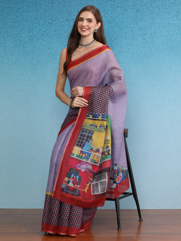 Lavender Silk Cotton Digital Print Solid Saree with Unstitched Blouse - Hiral Fashion - Distacart