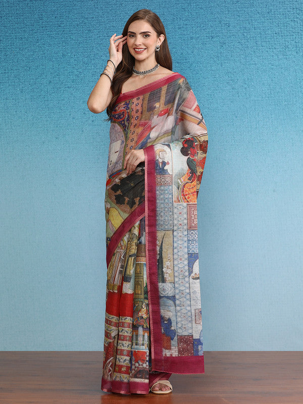 Multicolor Silk Cotton Digital Print Abstract Saree with Unstitched Blouse - Hiral Fashion - Distacart