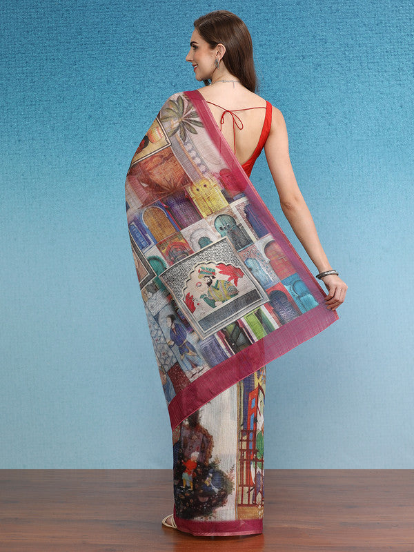 Multicolor Silk Cotton Digital Print Abstract Saree with Unstitched Blouse - Hiral Fashion - Distacart