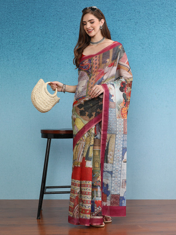 Multicolor Silk Cotton Digital Print Abstract Saree with Unstitched Blouse - Hiral Fashion - Distacart