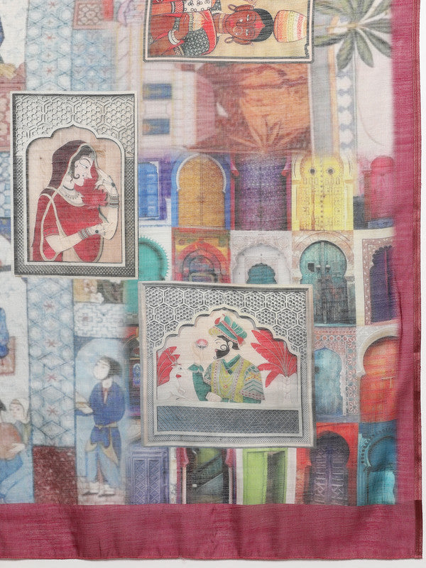 Multicolor Silk Cotton Digital Print Abstract Saree with Unstitched Blouse - Hiral Fashion - Distacart