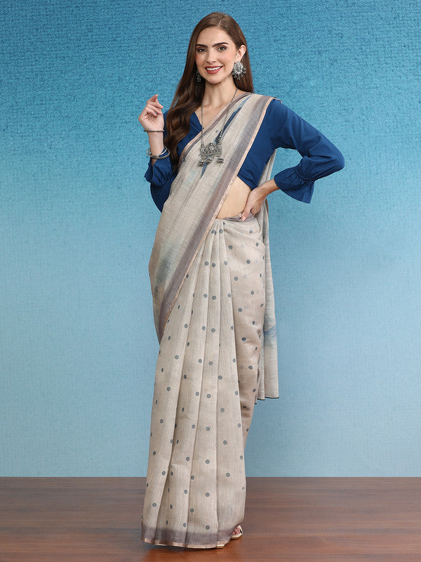 Beige Silk Cotton Digital Print Polka Dots Saree with Unstitched Blouse - Hiral Fashion - Distacart