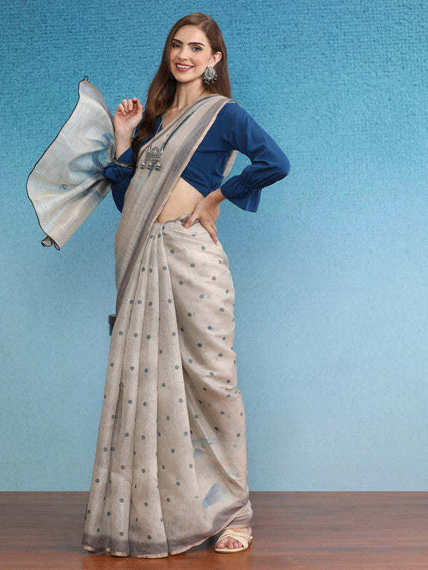 Beige Silk Cotton Digital Print Polka Dots Saree with Unstitched Blouse - Hiral Fashion - Distacart
