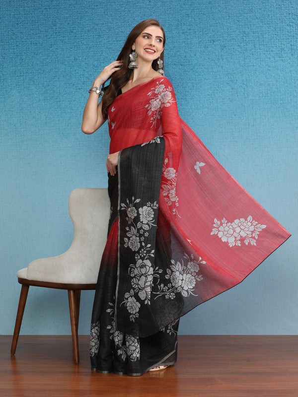 Black Silk Cotton Digital Print Floral Saree with Unstitched Blouse - Hiral Fashion - Distacart