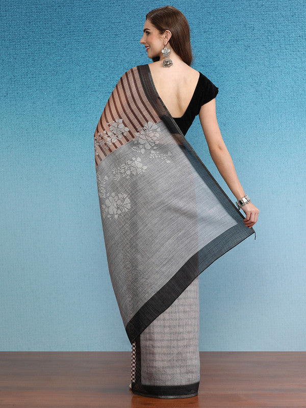 Brown Silk Cotton Digital Print Striped Saree with Unstitched Blouse - Hiral Fashion - Distacart