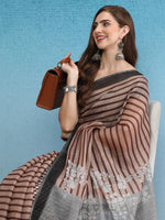 Thumbnail for Brown Silk Cotton Digital Print Striped Saree with Unstitched Blouse - Hiral Fashion - Distacart