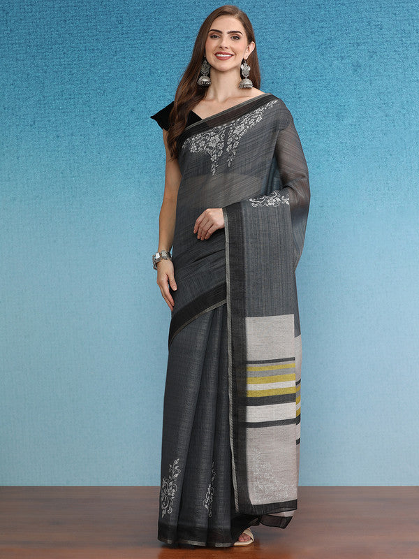 Gray Silk Cotton Digital Print Floral Saree with Unstitched Blouse - Hiral Fashion - Distacart
