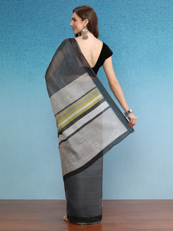 Gray Silk Cotton Digital Print Floral Saree with Unstitched Blouse - Hiral Fashion - Distacart