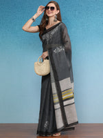 Thumbnail for Gray Silk Cotton Digital Print Floral Saree with Unstitched Blouse - Hiral Fashion - Distacart