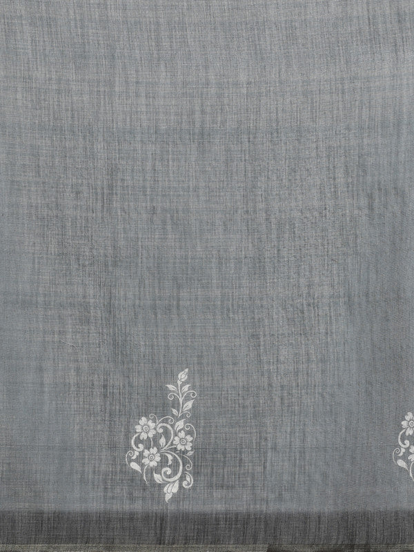 Gray Silk Cotton Digital Print Floral Saree with Unstitched Blouse - Hiral Fashion - Distacart