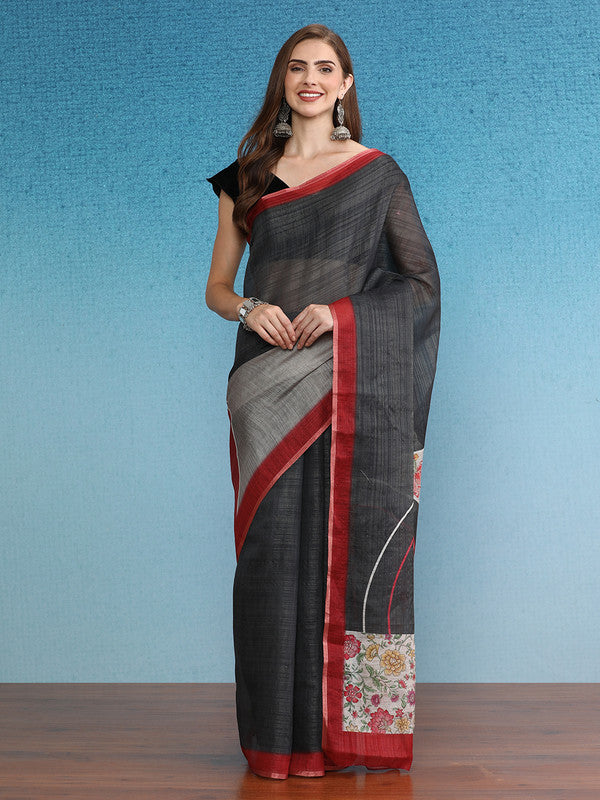 Gray Silk Cotton Digital Print Solid Saree with Unstitched Blouse - Hiral Fashion - Distacart