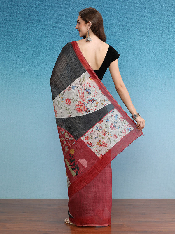 Gray Silk Cotton Digital Print Solid Saree with Unstitched Blouse - Hiral Fashion - Distacart
