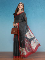 Thumbnail for Gray Silk Cotton Digital Print Solid Saree with Unstitched Blouse - Hiral Fashion - Distacart