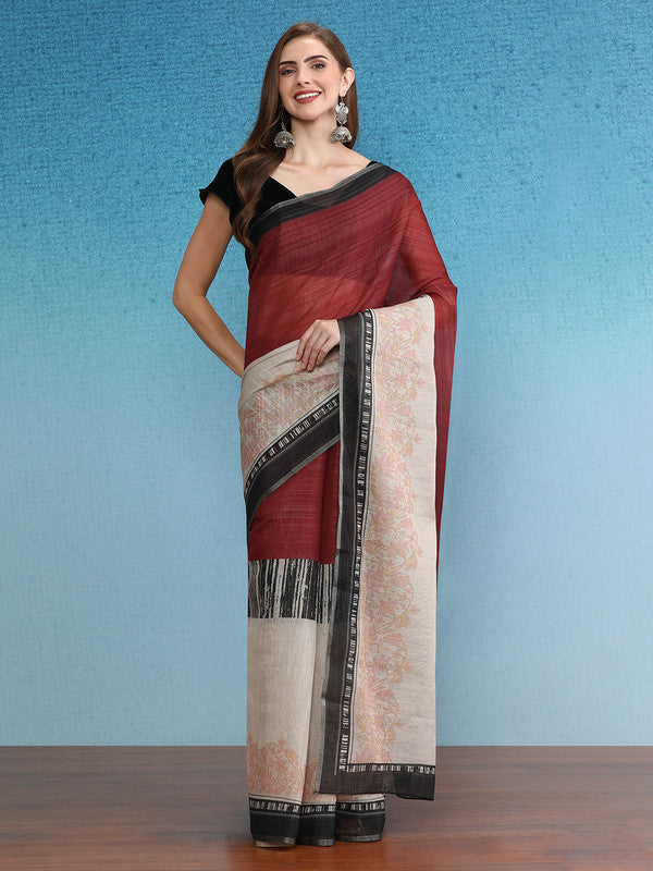 Maroon Silk Cotton Digital Print Solid Saree with Unstitched Blouse - Hiral Fashion - Distacart