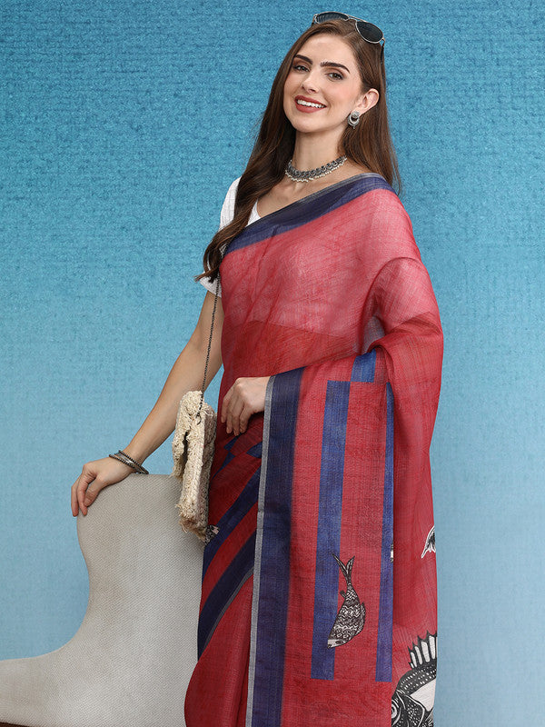 Red Silk Cotton Digital Print Solid Saree with Unstitched Blouse - Hiral Fashion - Distacart