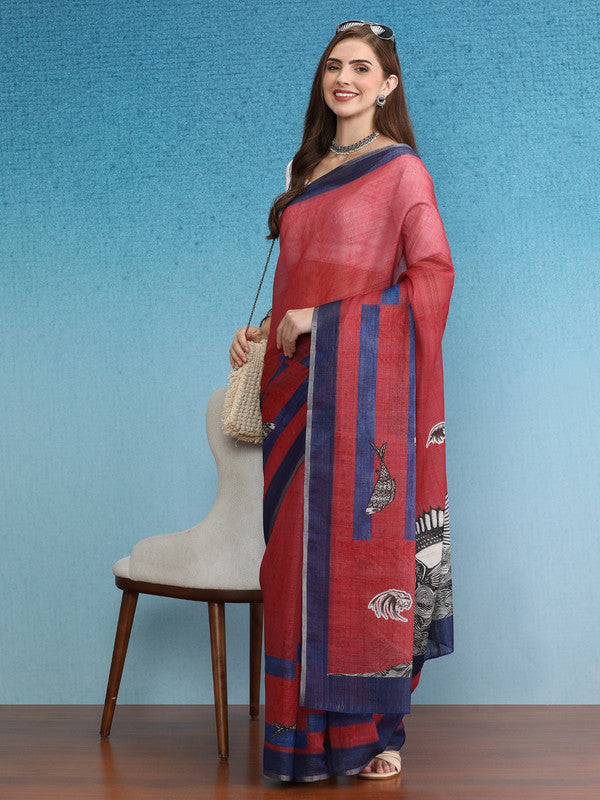 Red Silk Cotton Digital Print Solid Saree with Unstitched Blouse - Hiral Fashion - Distacart