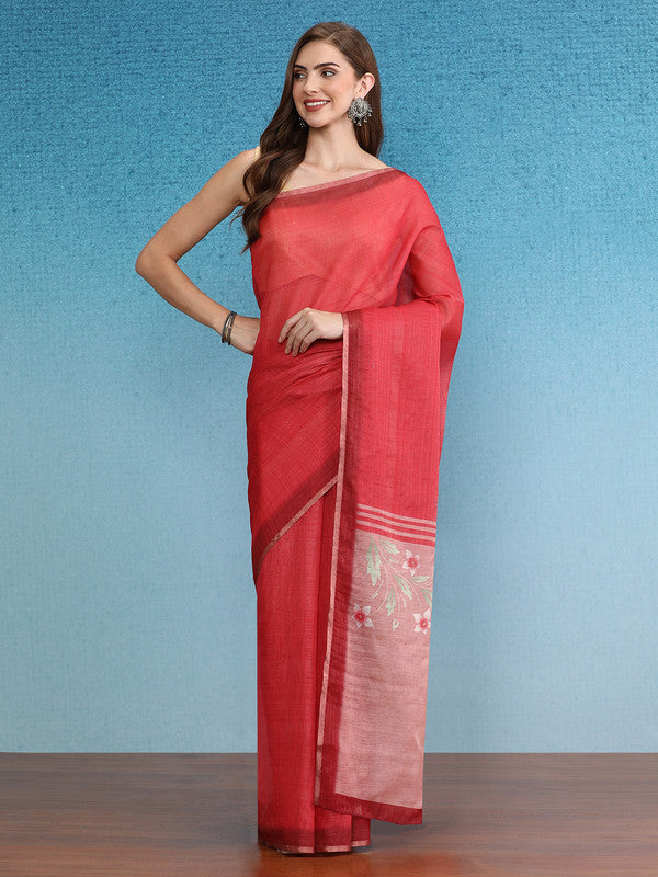 Red Silk Cotton Digital Print Solid Saree with Unstitched Blouse - Hiral Fashion - Distacart